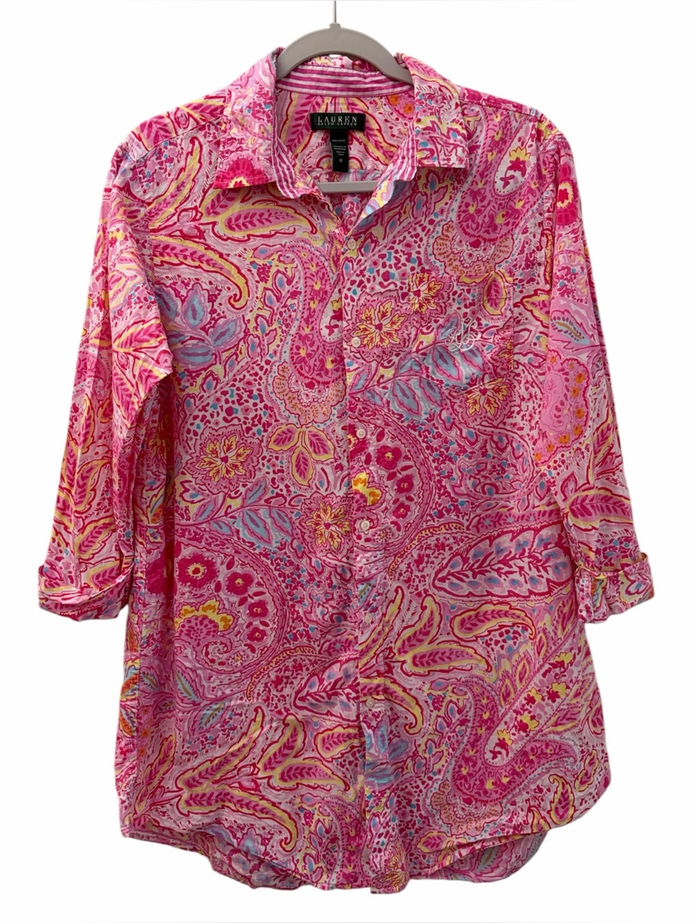 Lauren Ralph Lauren Embroidered Logo Pink Paisley Button-Up Tunic Shirt M Cotton